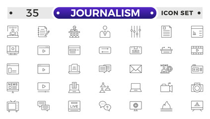 Journalism icon set. Containing journalist, news, microphone, interview, reporter, podcast, press badge, newspaper and radio. Outline icons collection. Vector illustration.