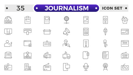 Journalism icon set. Containing journalist, news, microphone, interview, reporter, podcast, press badge, newspaper and radio. Outline icons collection. Vector illustration.