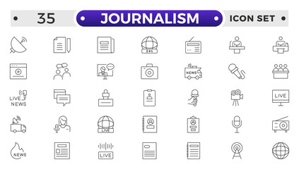 Journalism icon set. Containing journalist, news, microphone, interview, reporter, podcast, press badge, newspaper and radio. Outline icons collection. Vector illustration.