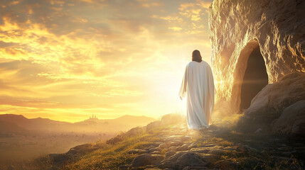 Fototapeta premium Resurrection morning: Jesus at open tomb, bathed in divine light. White robe glows, mist rises, Jerusalem hills & radiant sunrise.