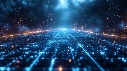 Futuristic data grid with glowing particles. Generative AI