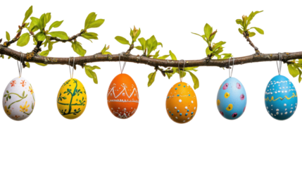 Easter eggs hanging from a tree branch with transparent background