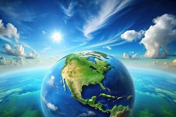 A Vibrant Earth Globe with Lush Continents, Azure Oceans, and a Sunny Sky Displaying Puffy White Clouds