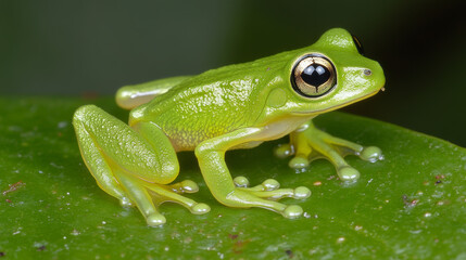 Obraz premium Tree frog on branch, Gliding frog (Rhacophorus reinwardtii) sitting on branch, Javan tree frog on green leaf, Indonesian tree frog, 