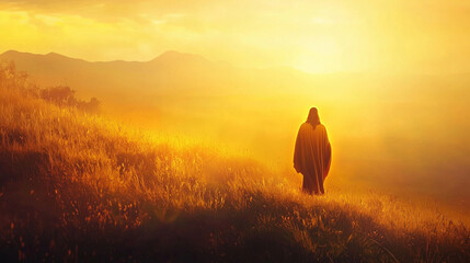 Obraz premium Jesus on hill at sunset, bathed in divine golden light. Flowing robe, distant mountains, warm gold & violet sky. Heavenly.