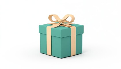 Obraz premium A beautifully wrapped turquoise gift box with a beige ribbon, set against a plain white background