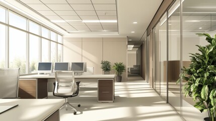 modern office workspace with natural light and glass partitions