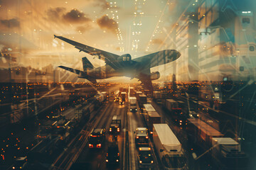 Fototapeta premium concept of global logistics and transportation, an air cargo plane flying over the globe with cargo trucks on the highway for container transport business, double exposure photography.