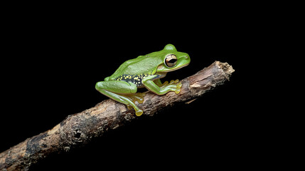 Obraz premium Tree frog on branch, Gliding frog (Rhacophorus reinwardtii) sitting on branch, Javan tree frog on green leaf, Indonesian tree frog, 