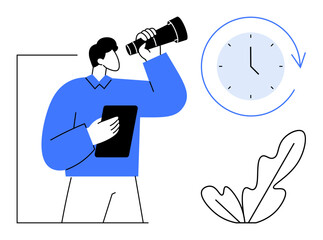 Man with tablet looking through telescope, clock with arrow, and leaf outline. Ideal for time management, future planning, technology, strategy, focus on goals, productivity and business growth