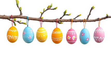 Easter eggs hanging from tree branch with transparent background