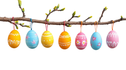Easter eggs hanging from tree branch with transparent background