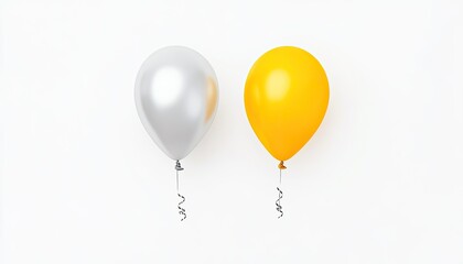 Two colorful balloons, one silver and one yellow, floating against a white background, ideal for celebrations