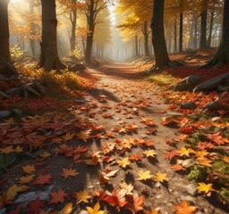 Sun-drenched autumn leaves carpet the forest floor, leaf litter, scattered