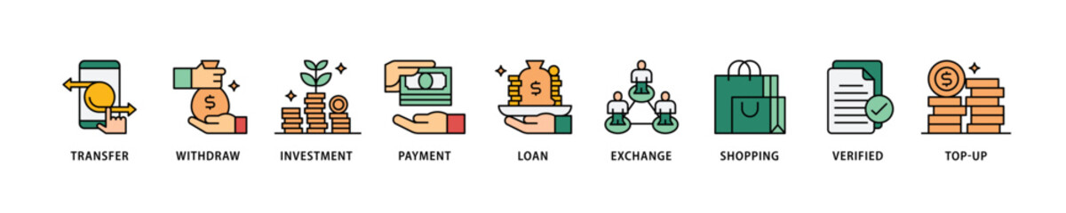 Mobile banking icon set flow process which consists of transfer, withdraw, investment, payment, loan, exchange, shopping, verified and top-up icon live stroke and easy to edit .
