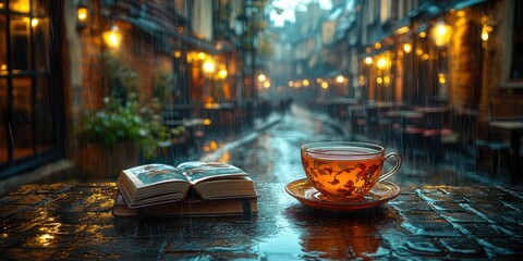 Obraz premium Rainy Day Cozy Vibes: A Book, Tea, and Cityscape