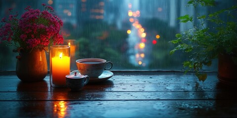 Rainy Night Serenity: Candles, Tea, and City Lights