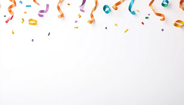 Colorful streamers and confetti scattered on a white background, ideal for celebration themes