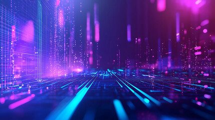 Futuristic tech background: Neon blue & purple lines, 3D grids, holographic elements. Blurred, high-tech, modern look.