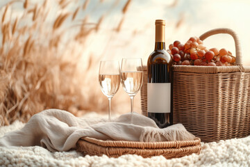 Naklejka premium Enjoying a peaceful outdoor picnic with wine and grapes in a serene setting