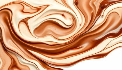 Fototapeta premium Liquid chocolate splash, creamy swirls, dynamic fluid motion, rich brown tones, white background, high-contrast, glossy surface, abstract art, photorealistic render, closeup detail, smooth textures, f