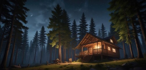 Fototapeta premium Tall trees looming over a wooden cabin at night, tall, window, foreboding