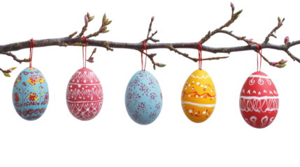 Five decorated easter eggs hanging from a branch with buds on transparent background