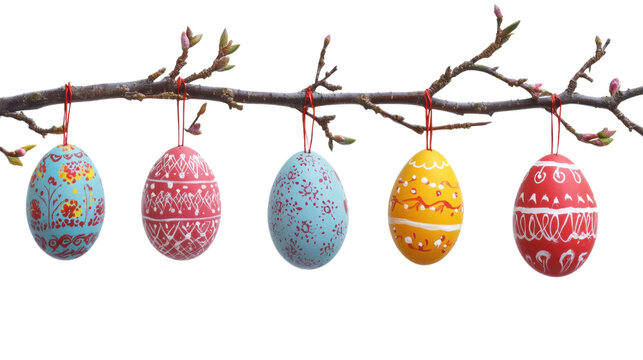 Five decorated easter eggs hanging from a branch with buds on transparent background