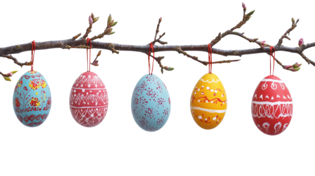 Five decorated easter eggs hanging from a branch with buds on transparent background