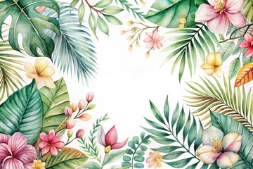 Vibrant Watercolor Floral Frame Featuring Lush Tropical Foliage and Delicate Blooms, Perfect for Invitations or Decorative Purposes