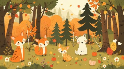 Fototapeta premium Seamless pattern of adorable woodland creatures in an autumn forest setting, owl, squirrel, cute