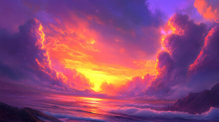 Obraz premium Ethereal sunset over a vast cloud sea, glowing edges of clouds catching the last light of the day, deep purples and fiery oranges blending in the sky