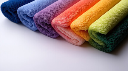 Colorful microfiber towels rolled in row. Cleaning and household concept