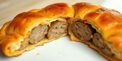 The golden brown color of the pastry crust and the savory aroma of the sausage filling, sausage, golden, brown