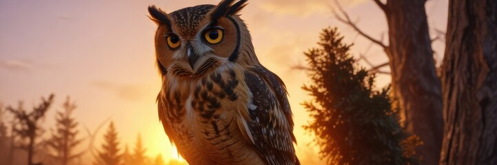 Obraz premium The golden light of sunset casts a warm glow on the owl, atmospheric perspective, trees in shadow