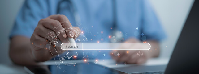 healthcare professional engaging with a digital search bar powered by AI. Simplifying global access to medical information and patient care systems