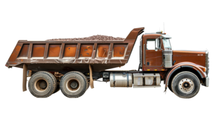 Brown dump truck carrying dirt on transparent background