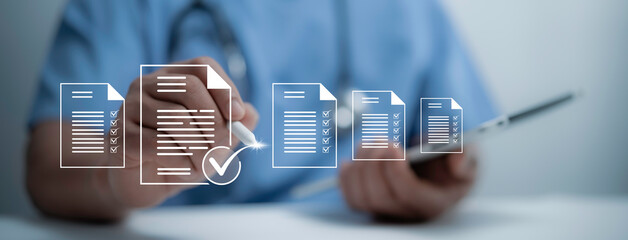 Healthcare professional checks a digital checklist using advanced technology, emphasizing...