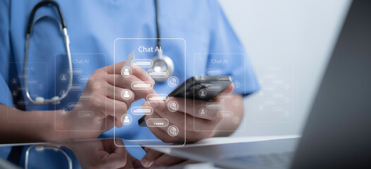Medical worker with digital interface showcasing Chat AI, emphasizing innovation in medical communication and patient support. Perfect for themes of AI-driven solutions in healthcare technology