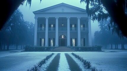 Majestic Southern Mansion in Winter Fog: A Serene Architectural Masterpiece