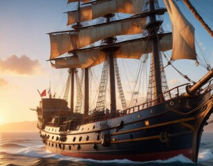 The ship's sails are neatly trimmed and secured, tall mast, sailboat sails, sailing ship