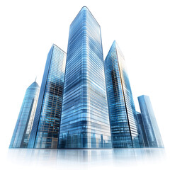 Modern skyscraper buildings in a financial district under a clear blue sky isolated on transparent background . 