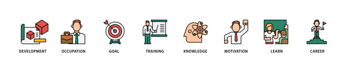 New skills icon set flow process which consists of development, occupation, goal, training, knowledge, motivation, learn and career icon live stroke and easy to edit .