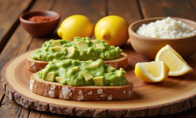 Delicious avocado toast with lemon slices