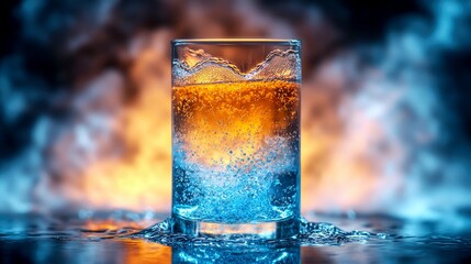 Abstract Close-up of Sparkling Drink in a Glass with a Vivid Fire and Smoke Background