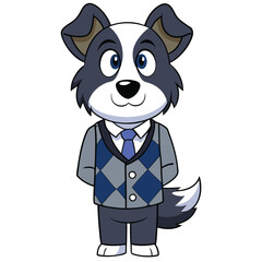 A border collie in a navy and gray checked vest with a tie
