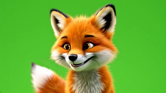 Happy cartoon fox, green screen, studio shot, animation