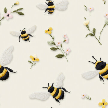 Dainty embroidered bumble bees & spring flowers create a whimsical 3D pattern. Soft, light colors. Cute & perfect for spring projects
