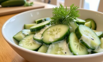 Fresh cucumber salad with dill garnish