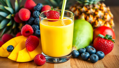 Vibrant tropical fruits, Fresh orange juice glass, Colorful fruit arrangement, Pineapple, Strawberries, Blueberries, Banana, Wooden table background, Healthy breakfast, Vitamin-rich smoothie ingredien